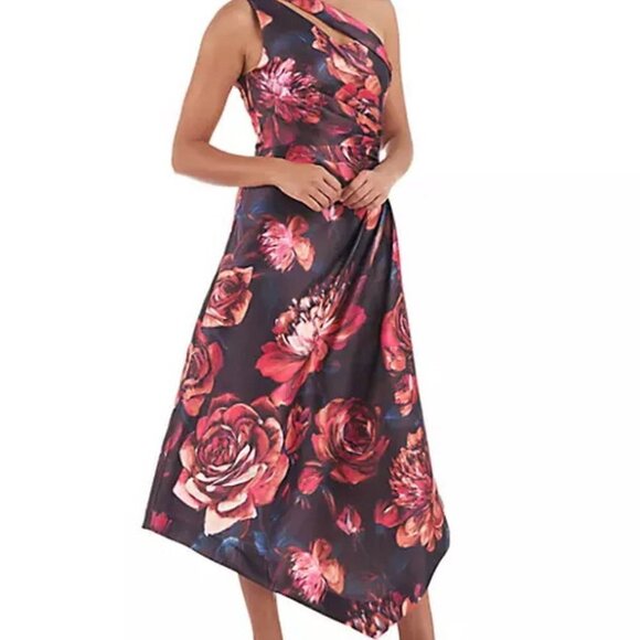Kay Unger Iris Oxblood Multi Floral One-Shoulder Handkerchief Hem Midi Dress - Picture 3 of 4